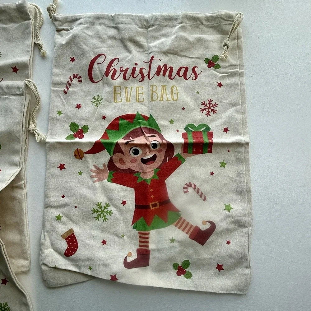 Large Christmas Holiday Gift Bag Elf Lot‎ Of 3 Ivory Color 24 Inches Cloth.
